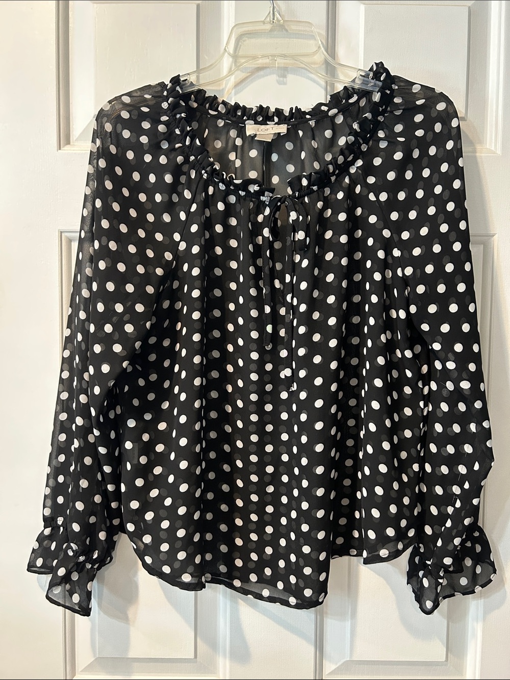 LOFT Black and White Polka Dot Ruffle Tie Neck Blouse